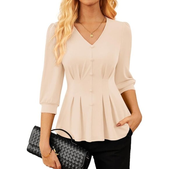 Grace Karin Tops - GRACE KARIN  Business Casual Blouse Spring 3/4 Sleeve Peplum Apricot M NEW